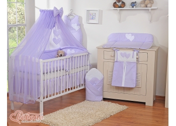 11-osainen vauvan pussilakanasetti ja hyttysverkko - Hanging Hearts Violetti