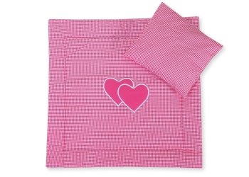 2-osainen vuodevaatesetti vaunuihin - Hanging Hearts Vaaleanpunainen Ruutukuvio