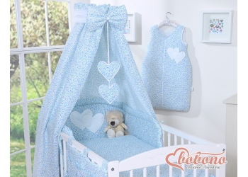 5-osainen pussilakanasetti ja katosverho - Hanging Hearts Sininen Kukkaketo Kukat