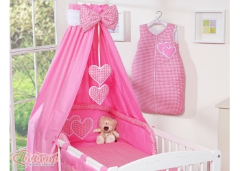 5-osainen pussilakanasetti ja katosverho - Hanging Hearts Vaaleanpunainen Ruutukuvio