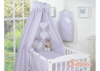 5-osainen vuodevaatesetti vauvalle + katosverho - Hanging Hearts Vaaleanpunainen Kukkaketo Kukat