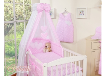 5-osainen vuodevaatesetti vauvalle + katosverho - Hanging Hearts Vaaleanpunainen Valkoisilla Pilkuilla