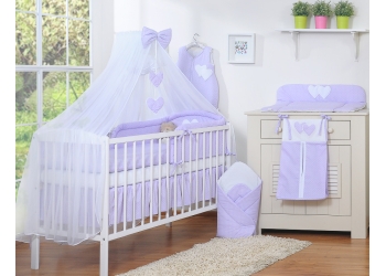 7-osainen vauvan pussilakanasetti ja hyttysverkko - Hanging Hearts Violetti Valkoisilla Pilkuilla