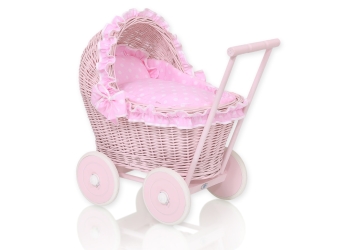 Pinkki nuken vaunu punotulla korilla ja pehmusteilla Vaaleanpunainen