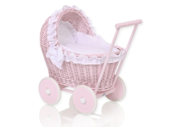 Pinkki nuken vaunu punotulla korilla ja pehmusteilla Vaaleanpunainen Valkoinen