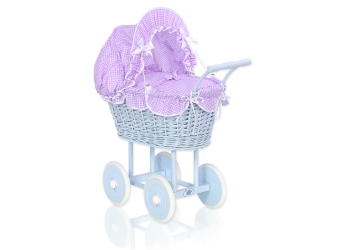 Siniset nuken vaunu punotulla korilla ja pehmusteilla Violetti Sininen Ruutukuvio