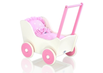Valko-Tumma pinkki  Puinen nuken vaunu Valkoinen