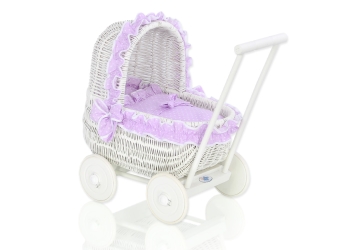 Valkoinen nuken vaunu punotulla korilla Violetti Valkoinen Valkoisilla Pilkuilla