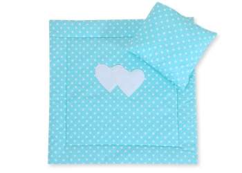 Vuodevaatesetti vaunuihin - Hanging hearts Turkoosi Valkoisilla Pilkuilla