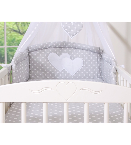 11-osainen pussilakanasetti ja katosverho - Hanging Hearts Harmaa Valkoisilla Pilkuilla