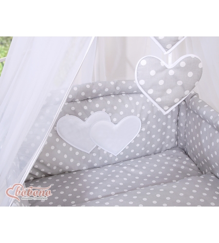 11-osainen pussilakanasetti ja katosverho - Hanging Hearts Harmaa Valkoisilla Pilkuilla