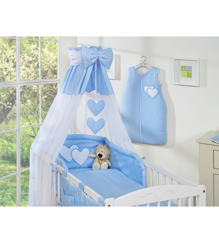 11-osainen pussilakanasetti ja katosverho - Hanging Hearts Sininen