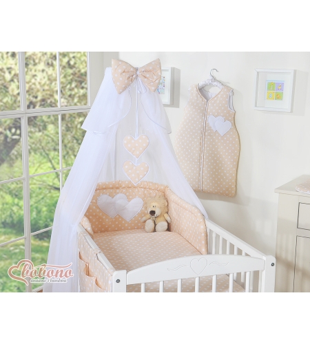 11-osainen vauvan pussilakanasetti ja hyttysverkko - Hanging Hearts Beige Valkoisilla Pilkuilla