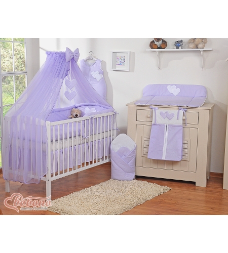 11-osainen vauvan pussilakanasetti ja hyttysverkko - Hanging Hearts Violetti