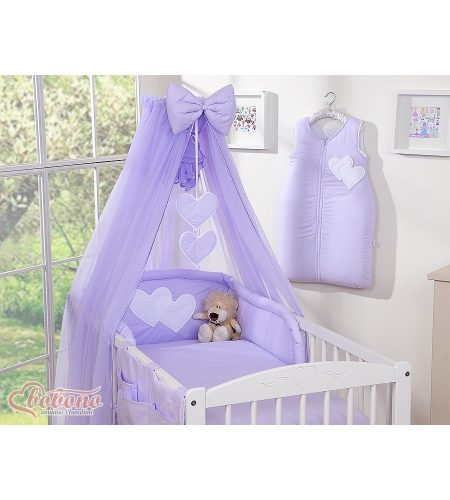11-osainen vauvan pussilakanasetti ja hyttysverkko - Hanging Hearts Violetti