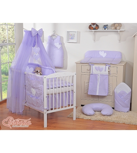 11-osainen vauvan pussilakanasetti ja hyttysverkko - Hanging Hearts Violetti