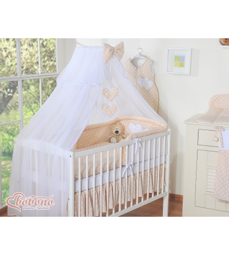 11-osainen vuodevaatesetti vauvalle + hyttysverkko - Hanging Hearts Beige Valkoisilla Pilkuilla