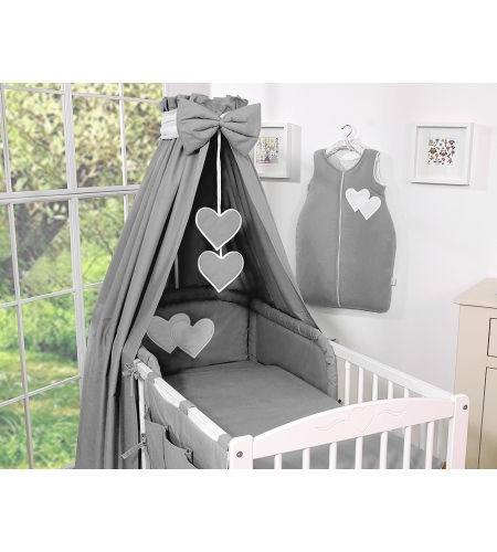 11-osainen vuodevaatesetti vauvalle + katosverho - Hanging Hearts Antrasiitti