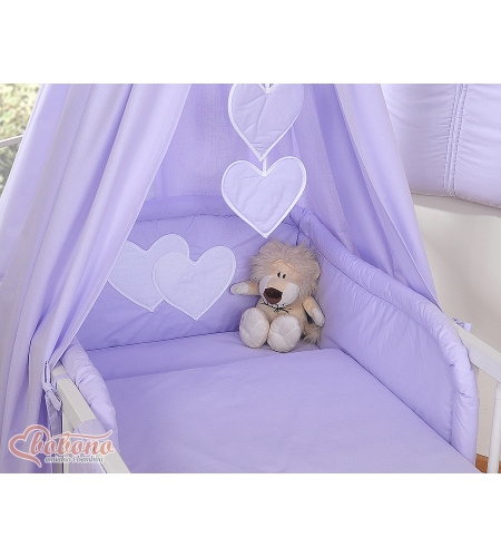 11-osainen vuodevaatesetti vauvalle + katosverho - Hanging Hearts Violetti