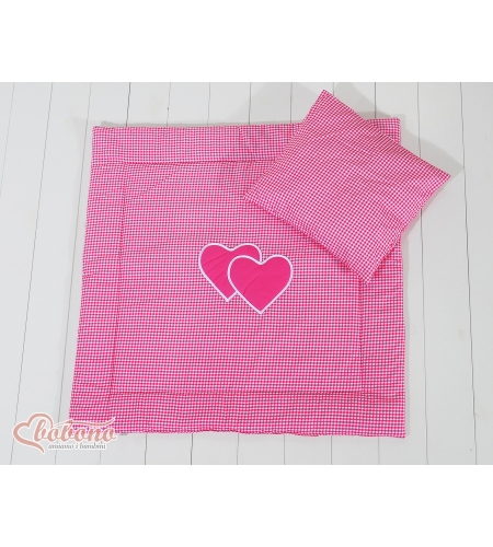 2-osainen vuodevaatesetti vaunuihin - Hanging Hearts Vaaleanpunainen Ruutukuvio