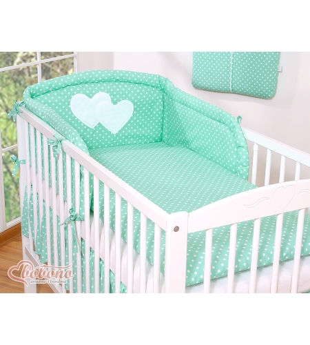 3-osainen vuodevaatesetti pinnasänkyyn - Hanging Hearts Minttu Valkoisilla Pilkuilla