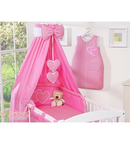 5-osainen pussilakanasetti ja katosverho - Hanging Hearts Vaaleanpunainen Ruutukuvio