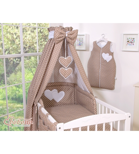 5-osainen pussilakanasetti ja katosverho - Hanging Hearts Valkoisilla Pilkuilla