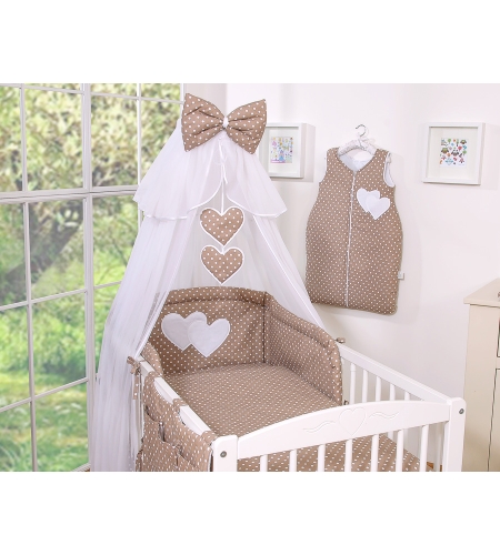5-osainen pussilakanasetti ja suojaverho - Hanging Hearts Valkoisilla Pilkuilla