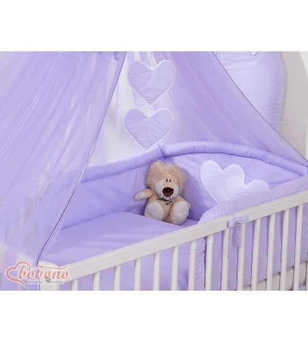 5-osainen vuodevaatesetti vauvalle + hyttysverkko - Hanging Hearts Violetti