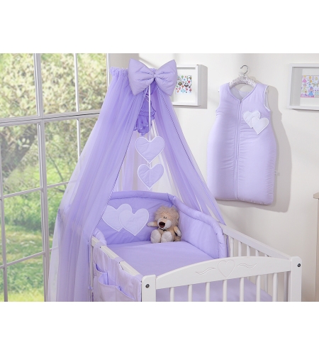 5-osainen vuodevaatesetti vauvalle + hyttysverkko - Hanging Hearts Violetti