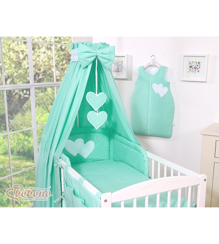 5-osainen vuodevaatesetti vauvalle + katosverho - Hanging Hearts Minttu