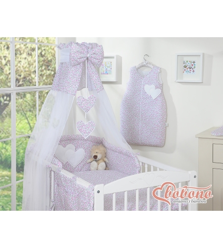 5-osainen vuodevaatesetti vauvalle + katosverho - Hanging Hearts Vaaleanpunainen Kukkaketo Kukat