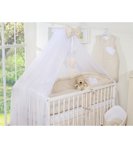 7-osainen vauvan pussilakanasetti ja hyttysverkko - Hanging Hearts Beige Valkoisilla Pilkuilla
