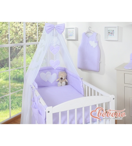 7-osainen vauvan pussilakanasetti ja hyttysverkko - Hanging Hearts Violetti Valkoisilla Pilkuilla