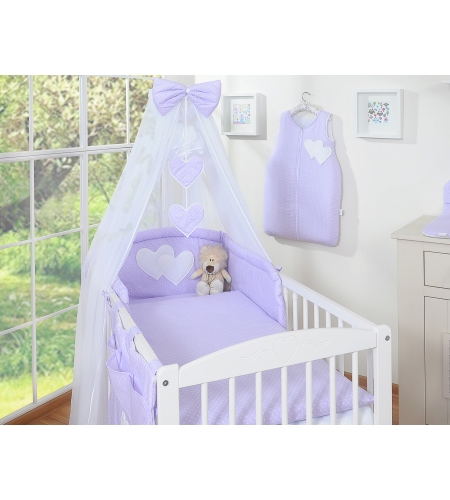 7-osainen vauvan pussilakanasetti ja hyttysverkko - Hanging Hearts Violetti Valkoisilla Pilkuilla