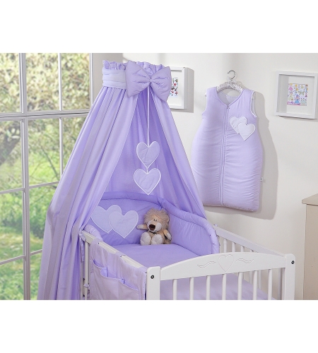 7-osainen vuodevaatesetti vauvalle + katosverho - Hanging Hearts Violetti