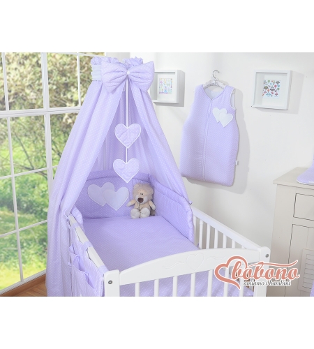 7-osainen vuodevaatesetti vauvalle + katosverho - Hanging Hearts Violetti