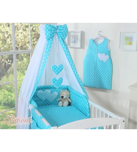 Katosverho vauvan sänkyyn - Hanging Hearts  Turkoosi Valkoisilla Pilkuilla Puuvilla