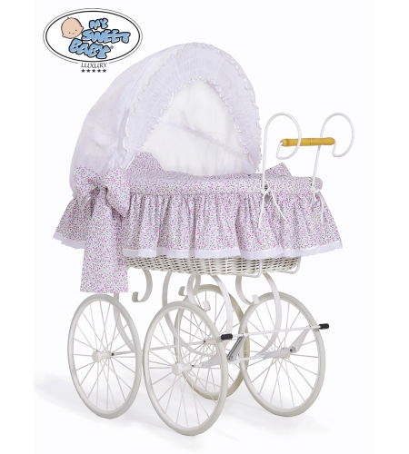 Retrotyylinen kehto pyörillä Vaaleanpunainen Valkoinen Jasmine