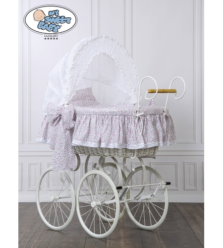 Retrotyylinen kehto pyörillä Vaaleanpunainen Valkoinen Jasmine