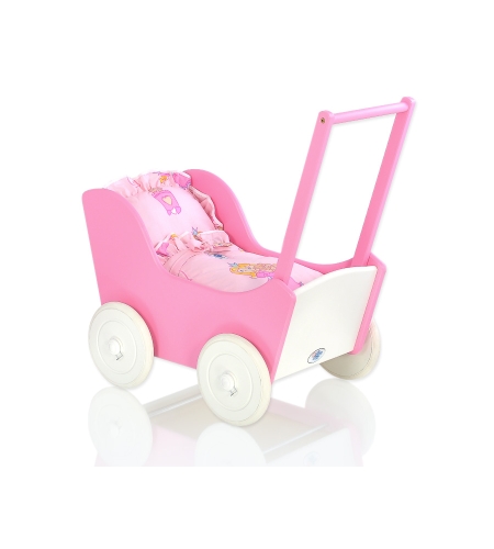 Valko-Tumma pinkki  Puinen nuken vaunu Valkoinen