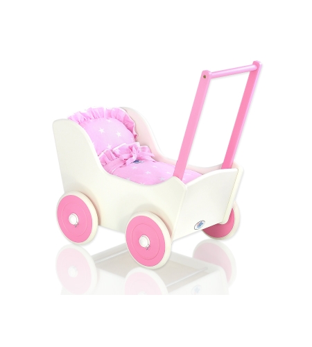 Valko-Tumma pinkki  Puinen nuken vaunu Valkoinen