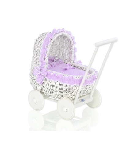 Valkoinen nuken vaunu punotulla korilla Violetti Valkoinen Valkoisilla Pilkuilla