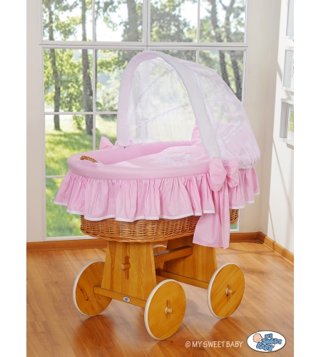 Vauvan kehto pyörillä ja kuvulla Vaaleanpunainen Valkoinen Glamour