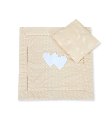 Vuodevaatesetti vaunuihin - Hanging hearts Beige Valkoisilla Pilkuilla