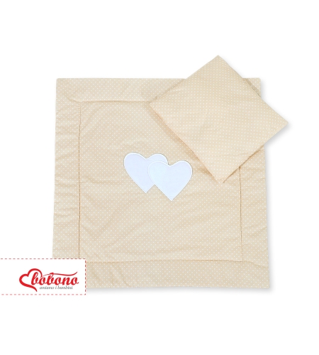Vuodevaatesetti vaunuihin - Hanging hearts Beige Valkoisilla Pilkuilla