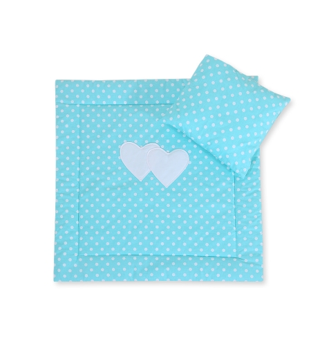 Vuodevaatesetti vaunuihin - Hanging hearts Turkoosi Valkoisilla Pilkuilla