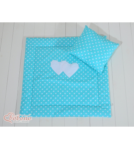 Vuodevaatesetti vaunuihin - Hanging hearts Turkoosi Valkoisilla Pilkuilla