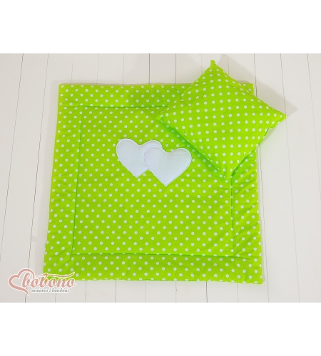 Vuodevaatesetti vaunuihin - Hanging hearts Vihreä Valkoisilla Pilkuilla